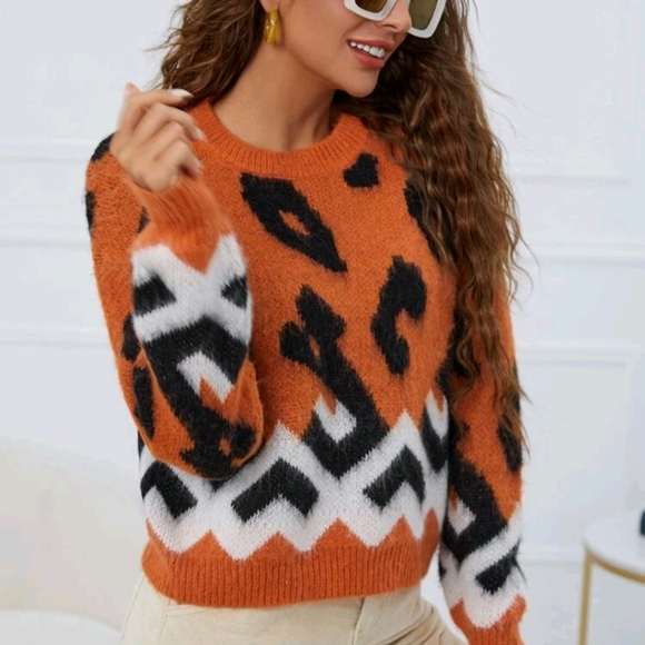 Leopard & Geo Pattern Drop Shoulder Fuzzy Sweater - Picture 5 of 7